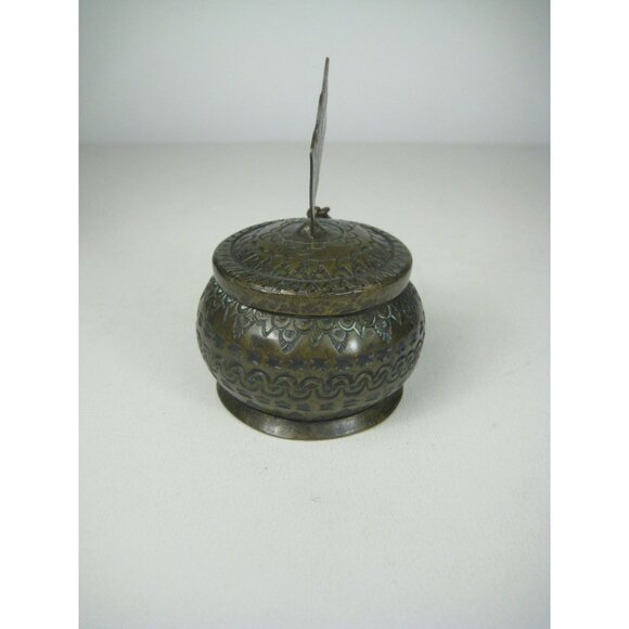 Vintage Brass Ornate Hinged Lidded Container Fan Handle Geometric Pattern - Picture 4 of 10